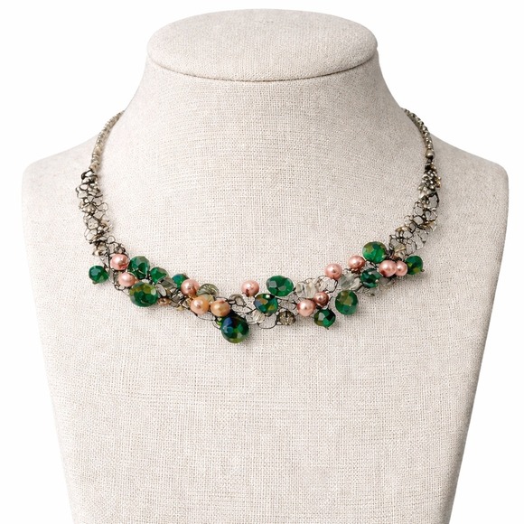 The Unbranded Brand Jewelry - Handmade Wire Crochet Beaded Necklace Green Facet Crystal Pink Pearl Fringe 18"